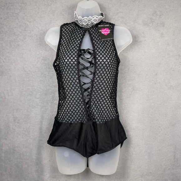 NWT Music Legs Lingerie Maid Costume Womens Plus OS Sexy Fishnet Black Halter - Picture 3 of 11